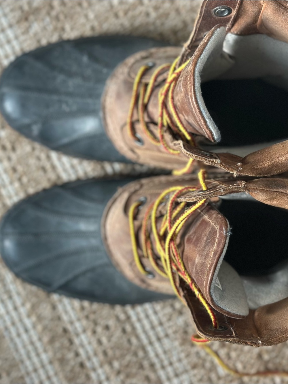 Sorel Brown Leather and Black Rubber Duck Boots with Yellow Accent Laces